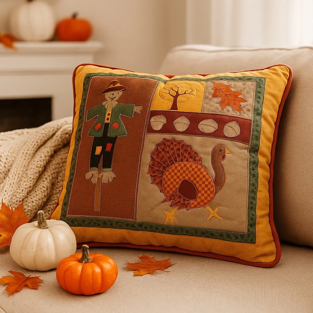 Vintage Fall Harvest Pillow Scarecrow Turkey Quilted Autumn Decor